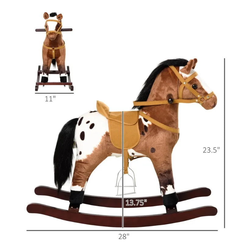 Kids Metal Plush Ride On Rocking Horse Chair Toy With Realistic Sounds Dark Brown White