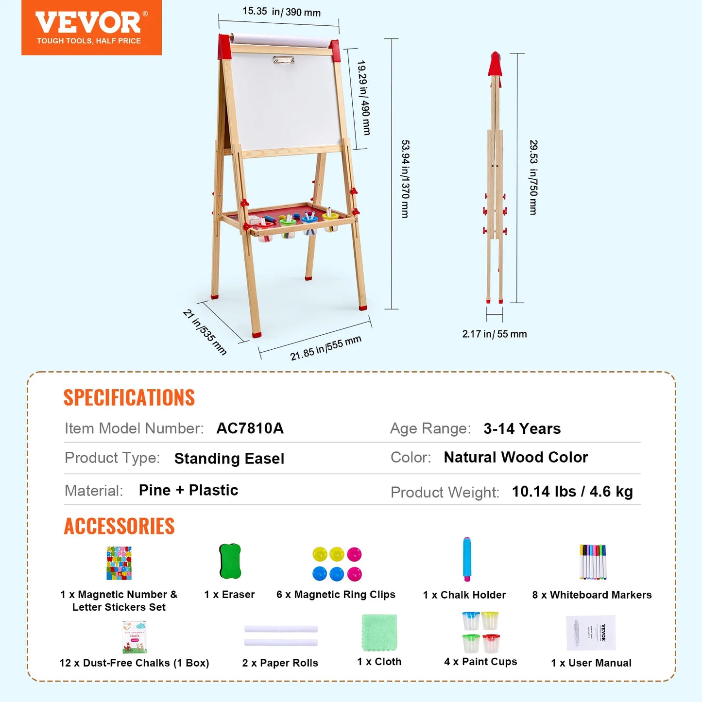 VEVOR Wooden Magnetic Drawing Board for Kids Portable Easel