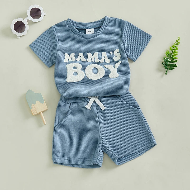 Infant Boy Waffle Knit Set Short Sleeve Tee And Solid Shorts