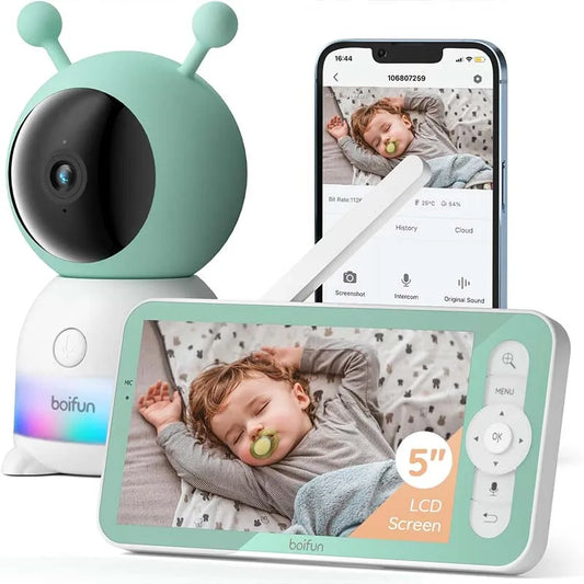 Boifun 2K 5 Inch Baby Monitor Camera with 360 Degree Rotation Phone App Colorful Night Lights Motion Monitoring Automatic Tracking