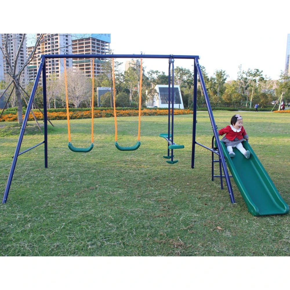 A-Frame Metal Swing Set with Slide in Blue Green and Orange for Kids Ages 3 to 14 Years