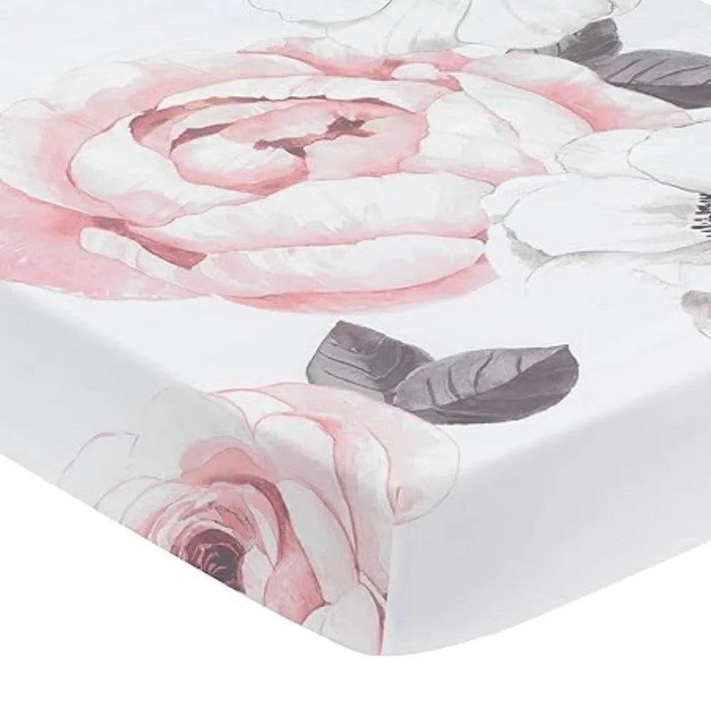 Floral Garden Watercolor Pink Linen 5 Piece Baby Crib Set