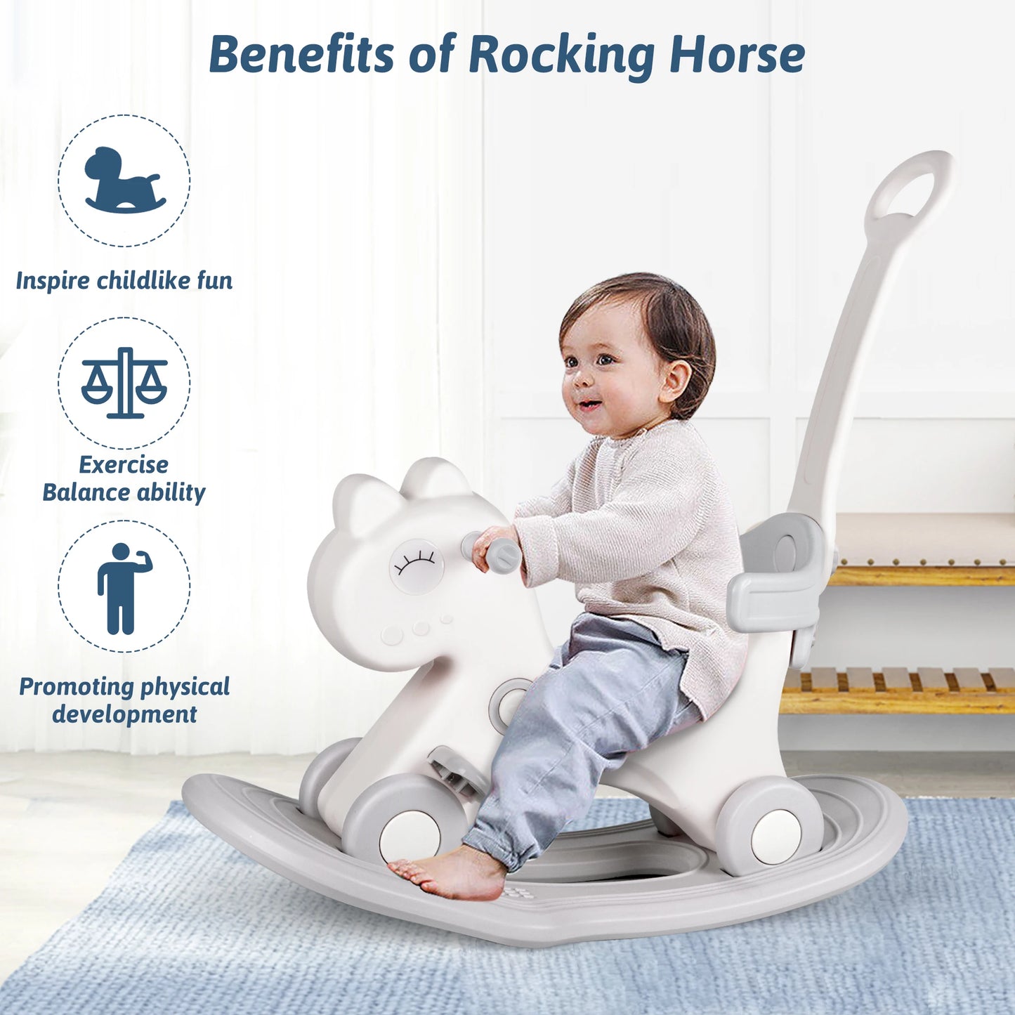 Rocking Horse Child Safety Push Handle Rocker for Toddlers 1 2 3 Years Old Kids Ride On Toy Birthday Gift for Girls and Boys