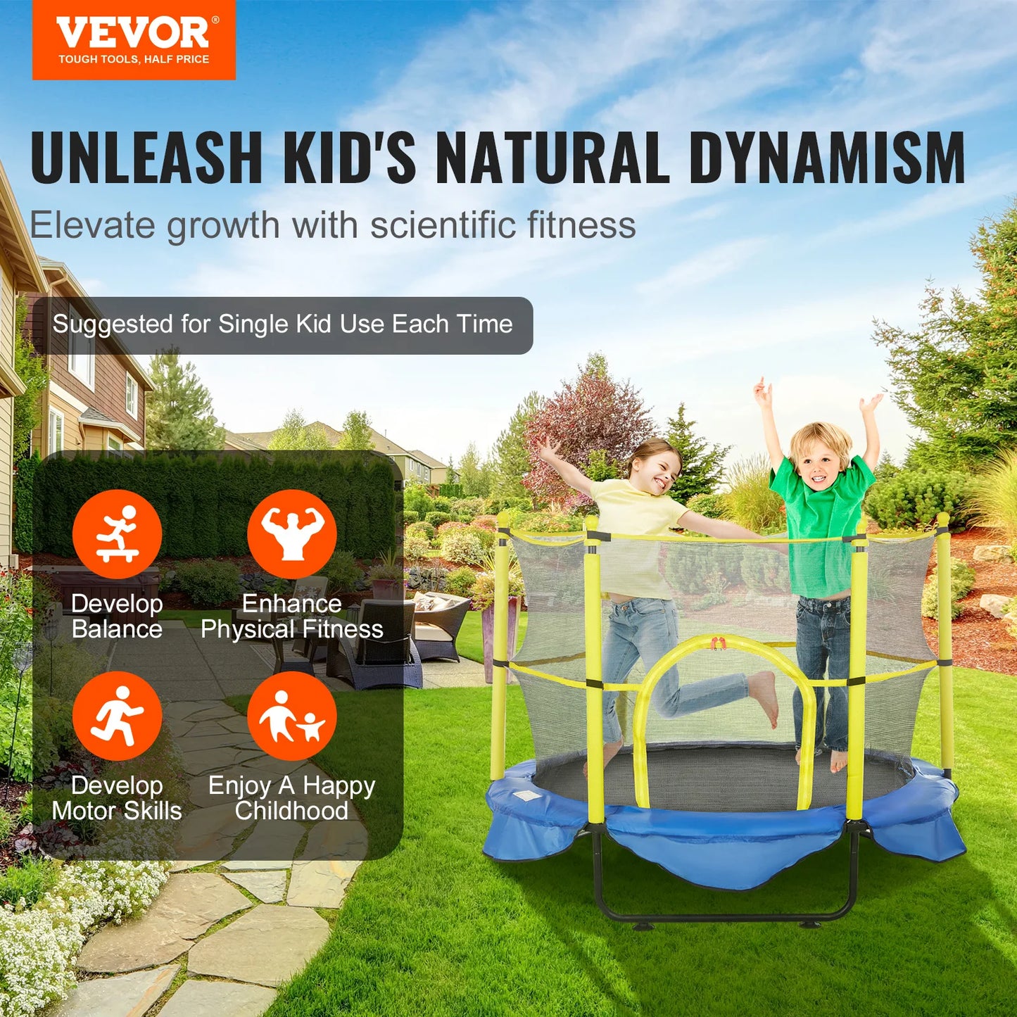 VEVOR 60 Inch 5FT Trampoline for Kids with Safety Enclosure Net Basketball Hoop and Ocean Balls Indoor Outdoor