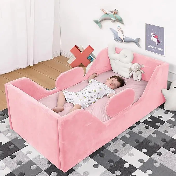 Gray Toddler Bed For Kids Crib Size With Safety Rail