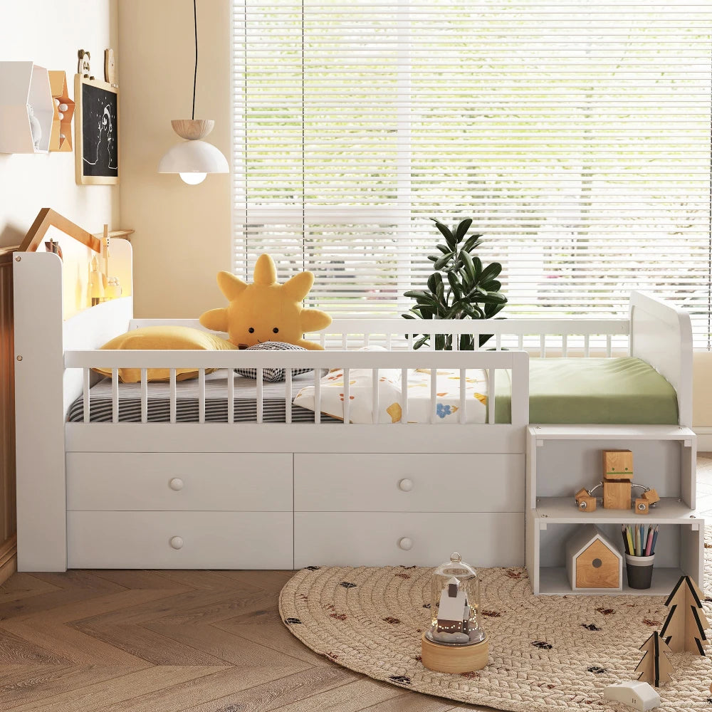 White Wooden Twin Loft Bed With LED Lights And Drawers