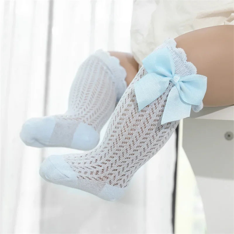 Cotton Baby Girl Socks With Big Bow Knee High Mesh 0to36M