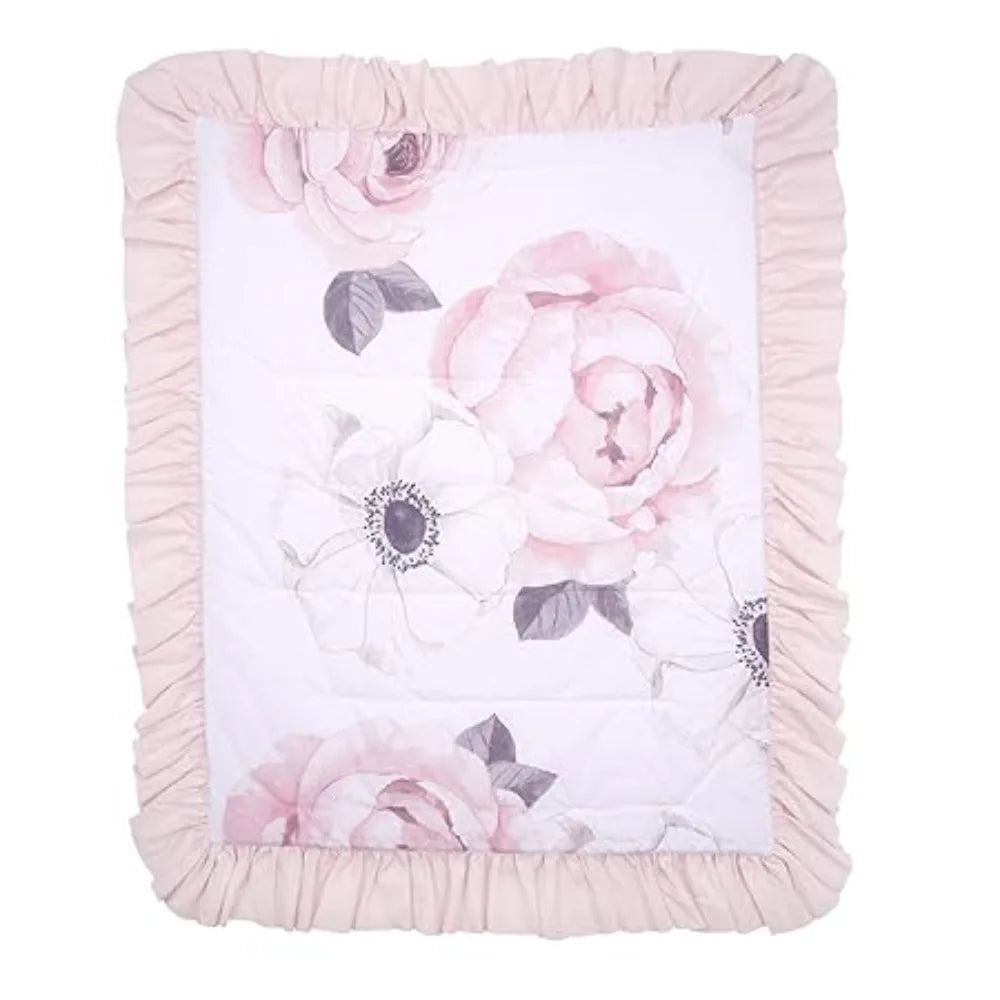 Floral Garden Watercolor Pink Linen 5 Piece Baby Crib Set