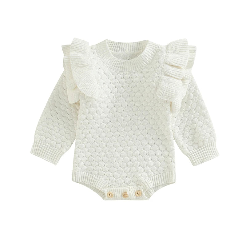 Adorable Baby Girls Knitted Ruffle Romper with Long Sleeves Solid Color Jumpsuit for Newborn Infant Toddler