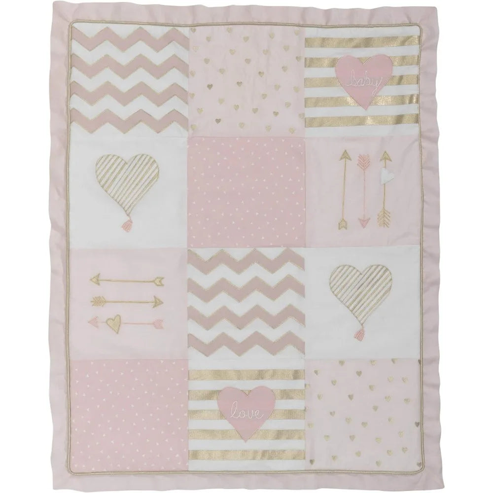 Pink Gold Girl Heart 4 Piece Crib Bedding Set Cotton