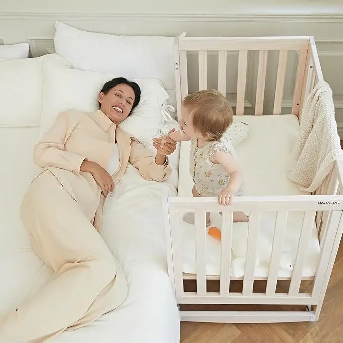 EvoNest 11 in 1 Convertible Baby Crib With Removable Wheels Washed Natural 4 Mattress Heights New Zealand Pinewood MAMAZING