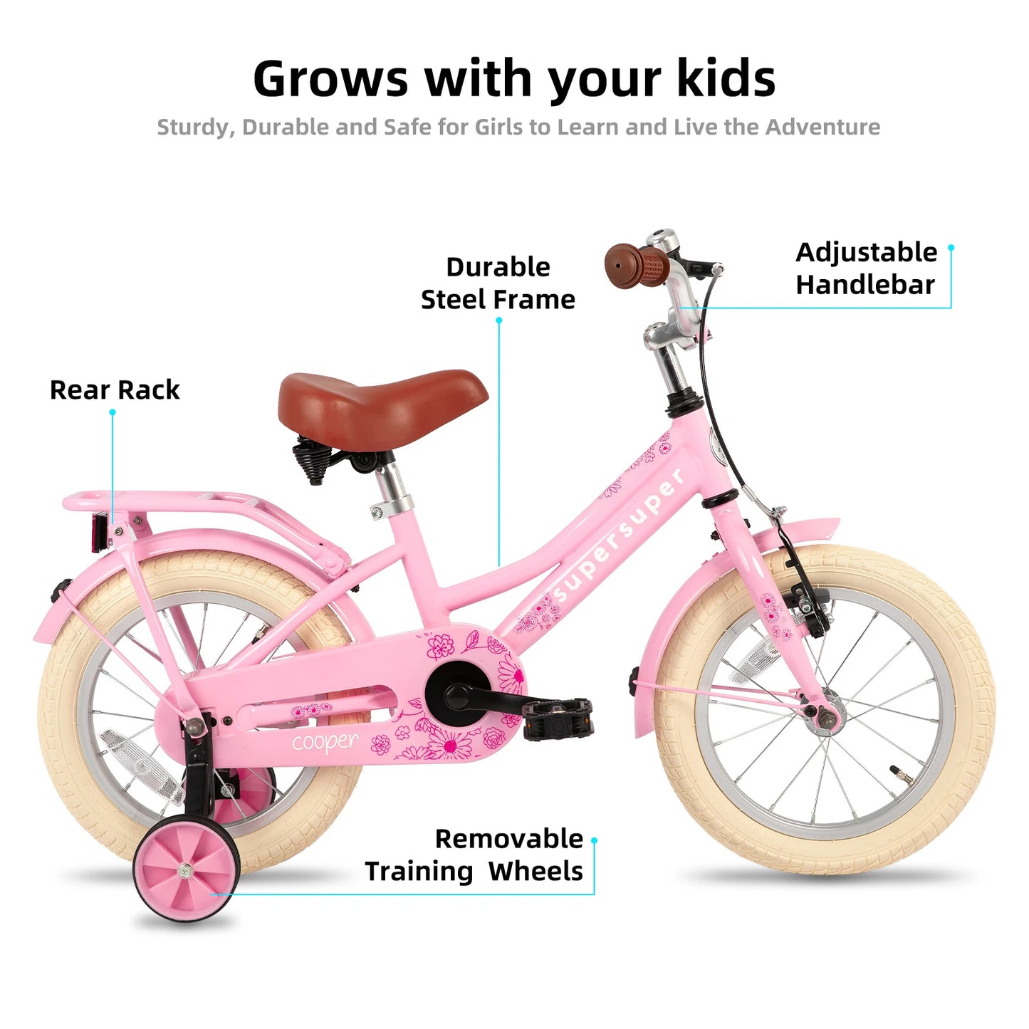 JOYSTAR Bike for 2-12 Years Toddlers and Kids, 12" 14" 16" Kids Bike with Training Wheels, 20 Inch Bike with Kickstand,Pink