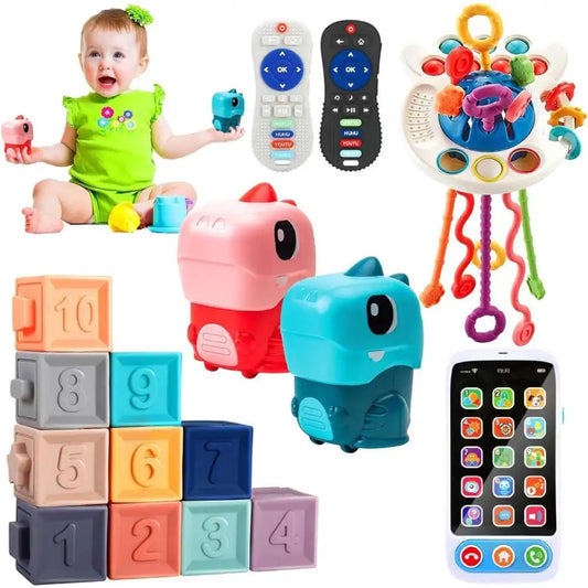 Montessori Baby Toys for 6 to 36 Months Pull String Teether Analog Cell Phone Sensory Shapes Simulation Remote Control