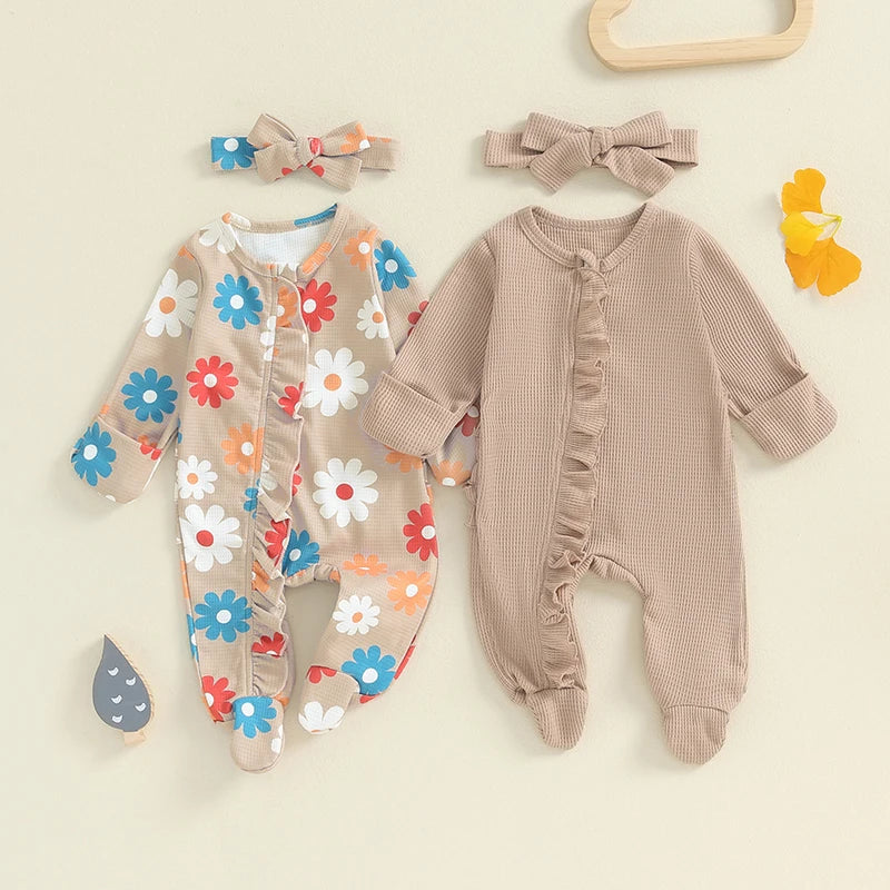 Toddler Girls Floral Ruffle Romper Set with Bow Headband Summer Outfit for Infants