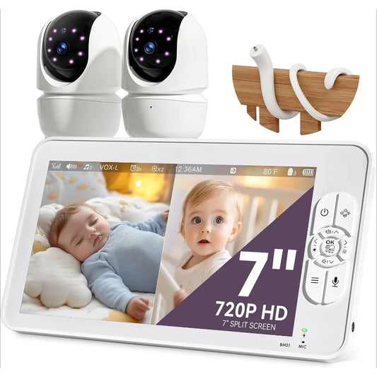 Split Screen Baby Monitor with 2 1080P Cameras 7 Inch HD 720P Baby Monitor No WiFi Flexible Bracket Video Baby Monitor with Camera and Audio 2 Way Audio Remote PTZ Auto Night Vision