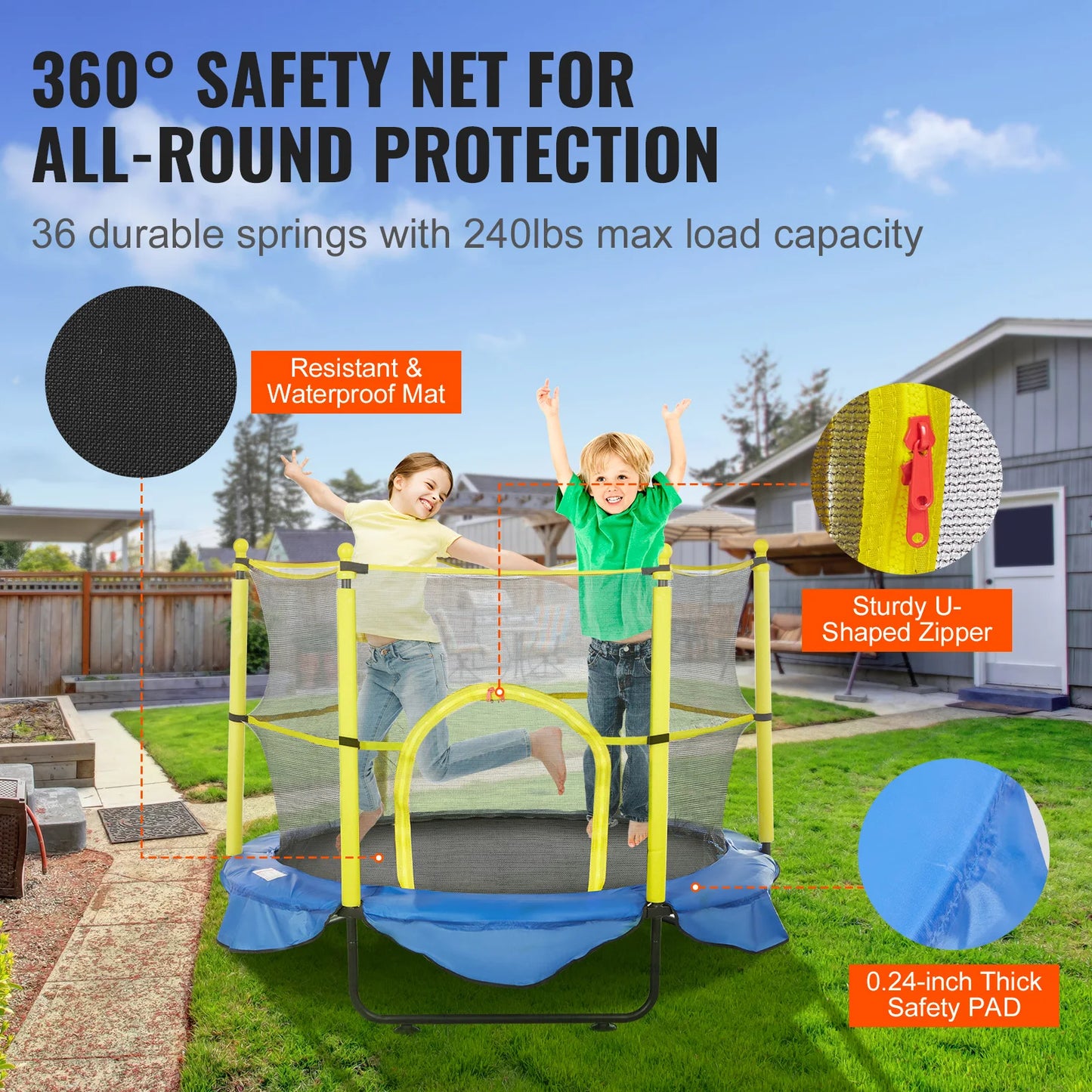 VEVOR 60 Inch 5FT Trampoline for Kids with Safety Enclosure Net Basketball Hoop and Ocean Balls Indoor Outdoor