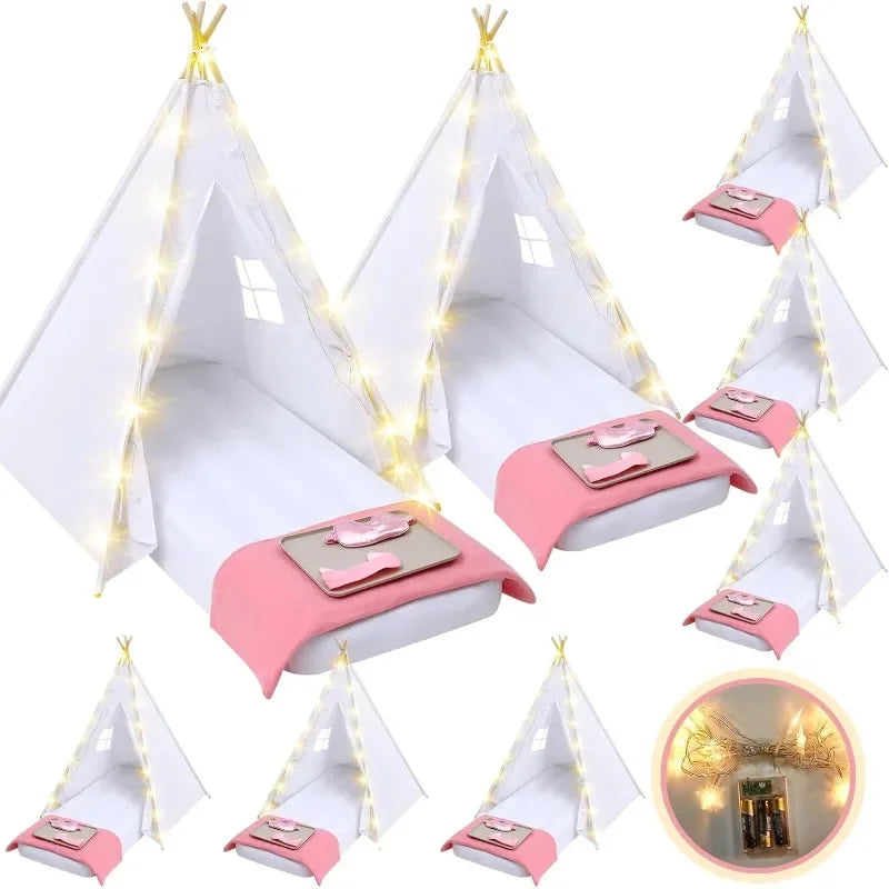 Kids Teepee Tent Set With Light String 8 Pcs Natural Cotton