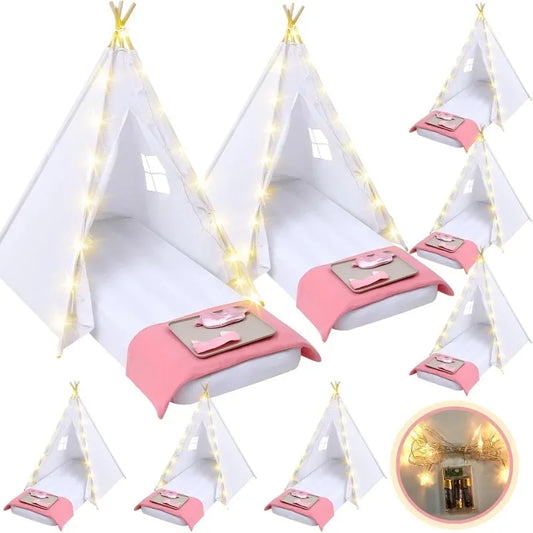 Kids Teepee Tent Set With Light String 8 Pcs Natural Cotton