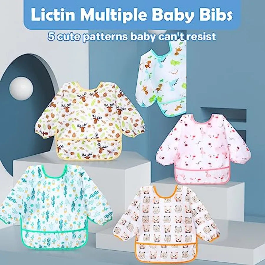 Lictin Long Sleeve Reusable Infant Bibs 5 Pack For Feeding