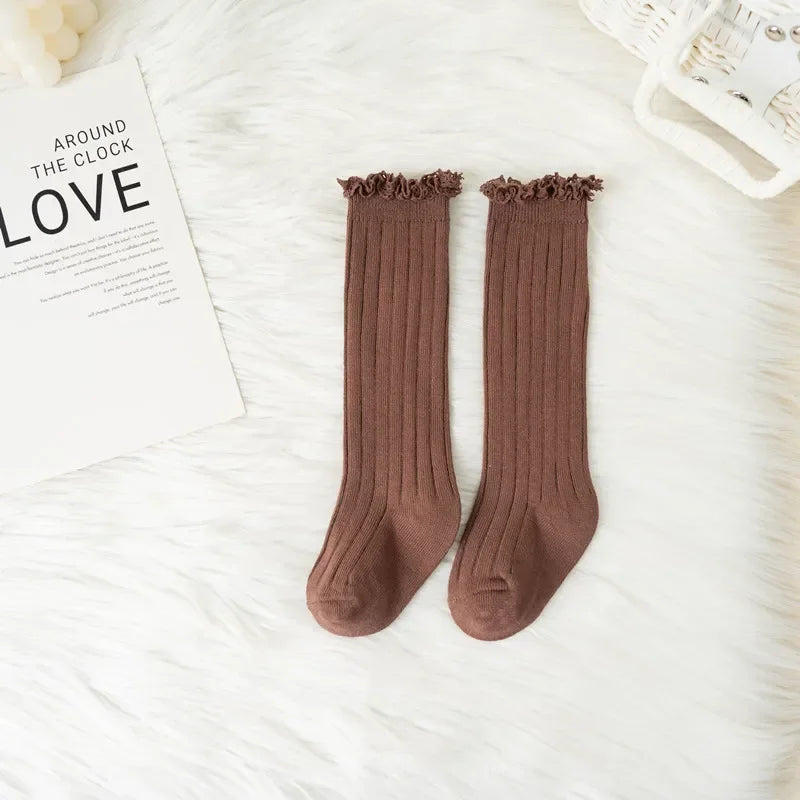 Ruffle Knee High Socks For Girls Cotton Lace Flower 0 To 8