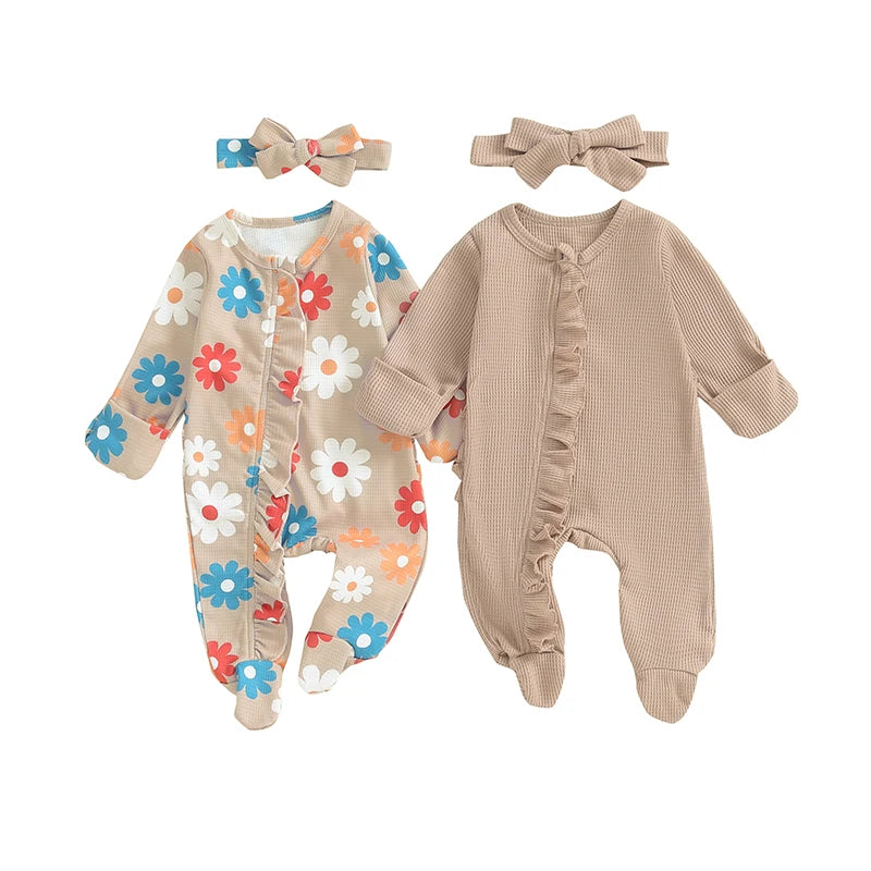 Toddler Girls Floral Ruffle Romper Set with Bow Headband Summer Outfit for Infants