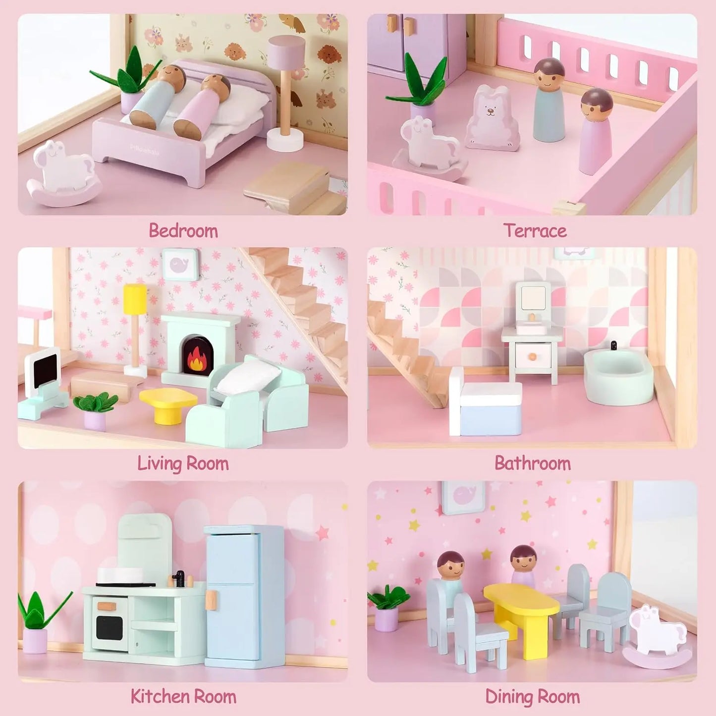 Wooden Dollhouse with 36Pcs Dollhouse Furniture Accessories, 7 Rooms Large Modern Doll House, Ideal Toy Gift for Girls Boys Todd