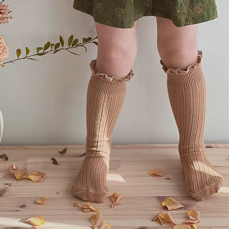 Ruffle Knee High Socks For Girls Cotton Lace Flower 0 To 8
