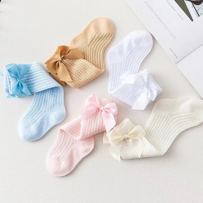 Cotton Baby Girl Socks With Big Bow Knee High Mesh 0to36M