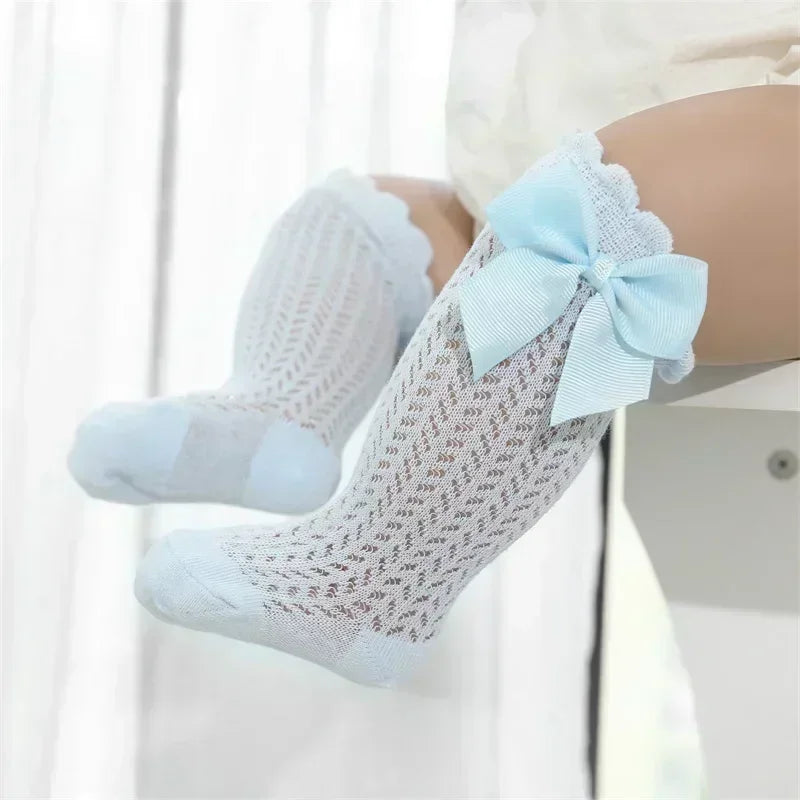 Cotton Baby Girl Socks With Big Bow Knee High Mesh 0to36M