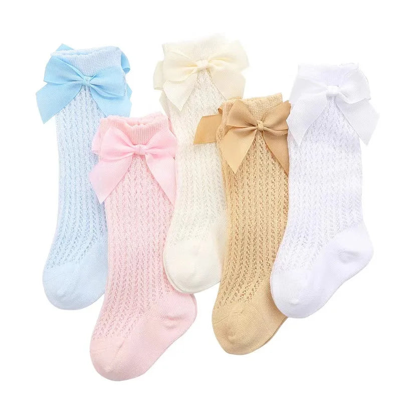 Cotton Baby Girl Socks With Big Bow Knee High Mesh 0to36M