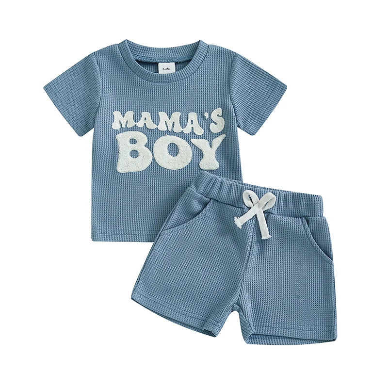 Infant Boy Waffle Knit Set Short Sleeve Tee And Solid Shorts