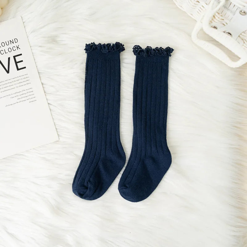 Ruffle Knee High Socks For Girls Cotton Lace Flower 0 To 8