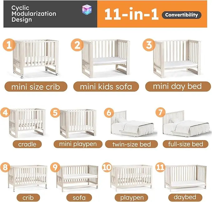 EvoNest 11 in 1 Convertible Baby Crib With Removable Wheels Washed Natural 4 Mattress Heights New Zealand Pinewood MAMAZING