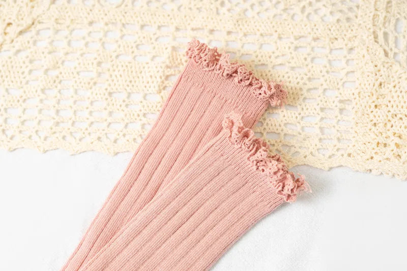 Ruffle Knee High Socks For Girls Cotton Lace Flower 0 To 8