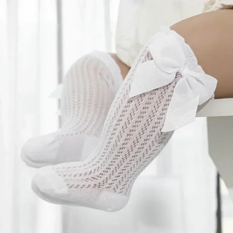 Cotton Baby Girl Socks With Big Bow Knee High Mesh 0to36M