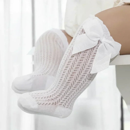 Cotton Baby Girl Socks With Big Bow Knee High Mesh 0to36M