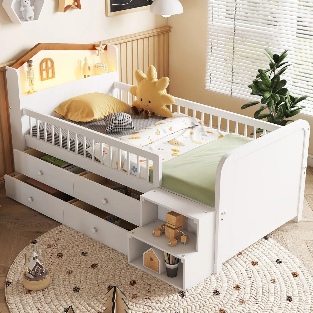 White Wooden Twin Loft Bed With LED Lights And Drawers