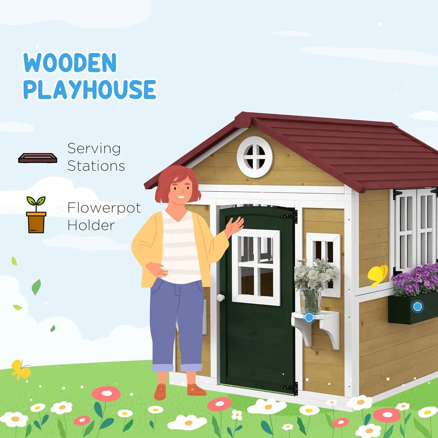 Beige Wooden Outdoor Playhouse For Toddlers 3 To 8 Years