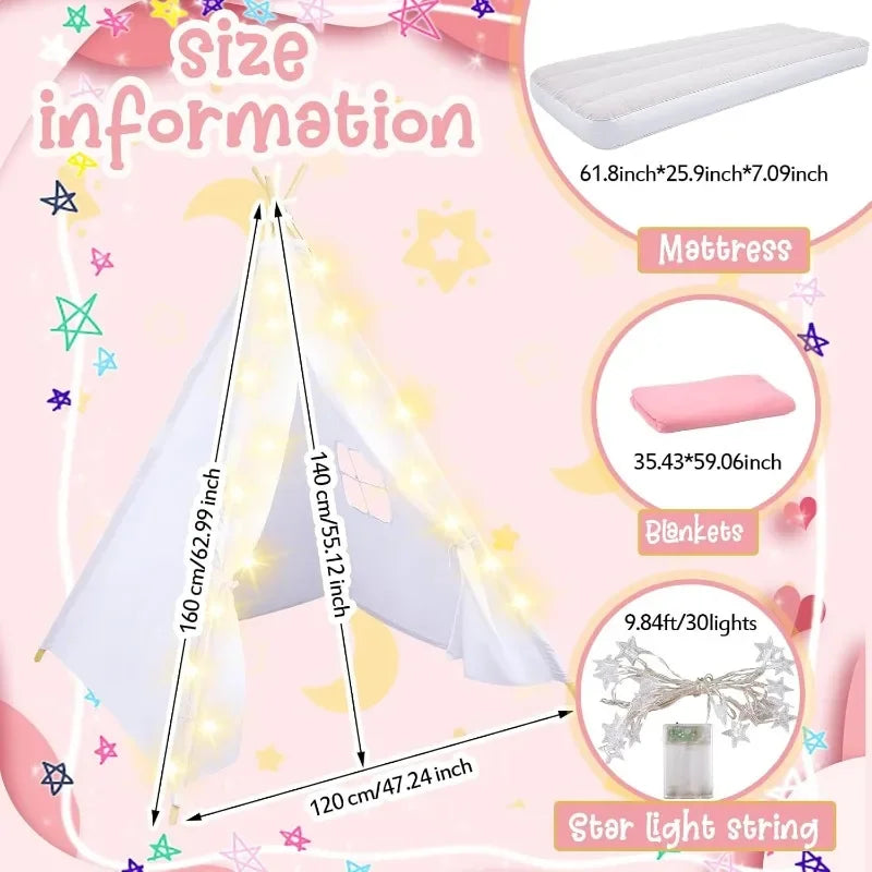 Kids Teepee Tent Set With Light String 8 Pcs Natural Cotton