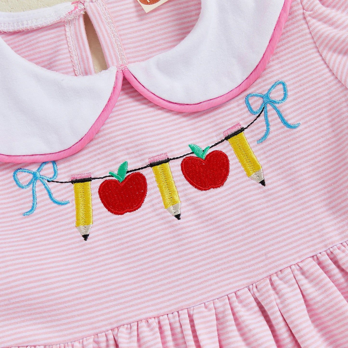 Girls Back To School Dress Striped Embroidered Collar